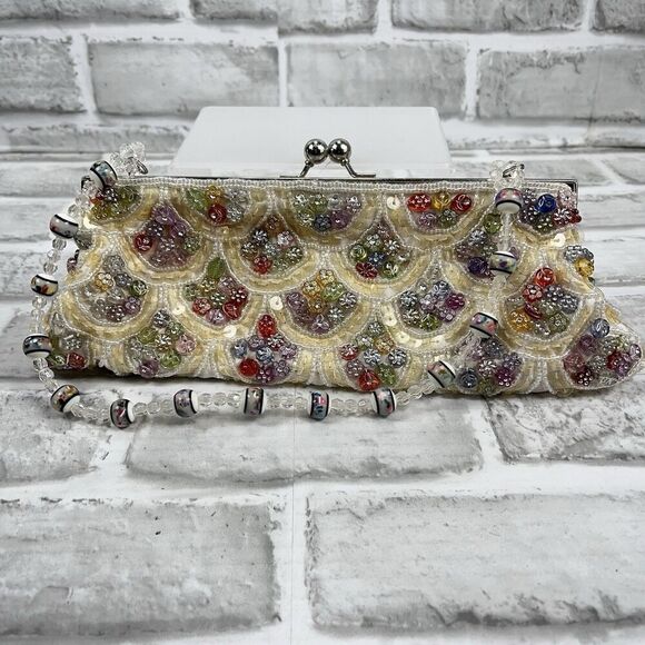 Vintage Handmade Beaded Cream Multi Color Beaded Wedding Small Bag - Picture 2 of 12